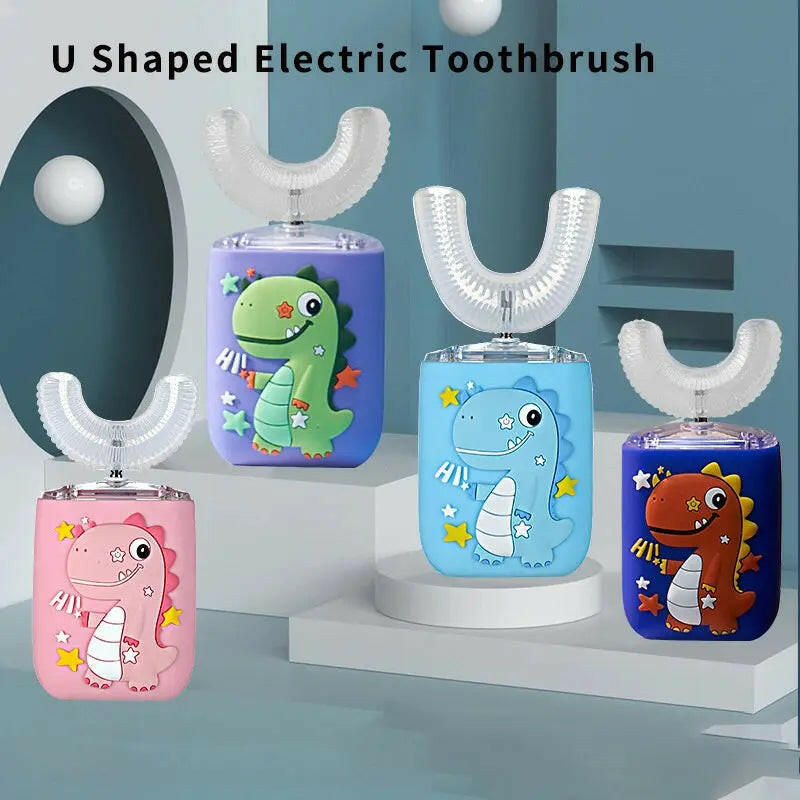 U-shaped electric toothbrushes with cartoon dinosaur designs on a blue background SWEVVA™ BrightBuddies 360° U-Shaped Kids Toothbrush