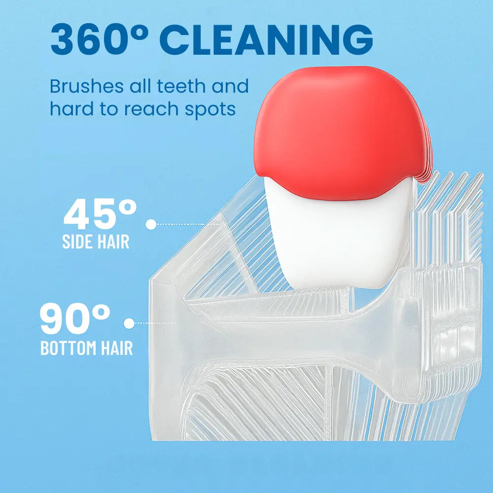 Hair cleaning device with red top and white base on a blue background, highlighting features like 360-degree cleaning and angles for different hair types. SWEVVA™ DinoBrush 360° U-Shaped Kids Toothbrush