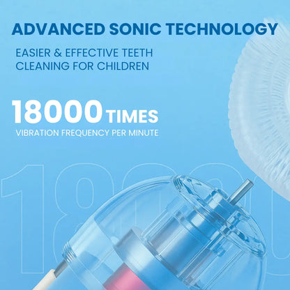 Teeth cleaning device with text about advanced sonic technology on a blue background SWEVVA™ DinoBrush 360° U-Shaped Kids Toothbrush