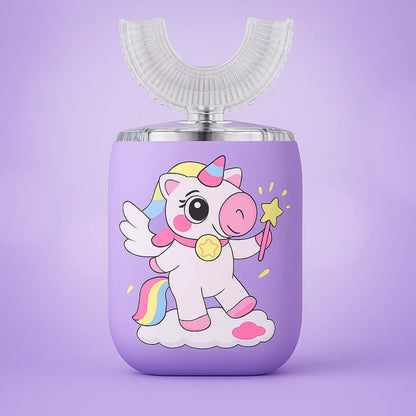 Purple water bottle with a cartoon unicorn design on a purple background SWEVVA™ Unicorn Brush 360° U-Shaped Kids Toothbrush