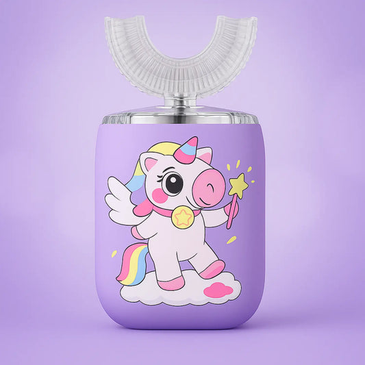 Purple water bottle with a cartoon unicorn design on a purple background SWEVVA™ Unicorn Brush 360° U-Shaped Kids Toothbrush