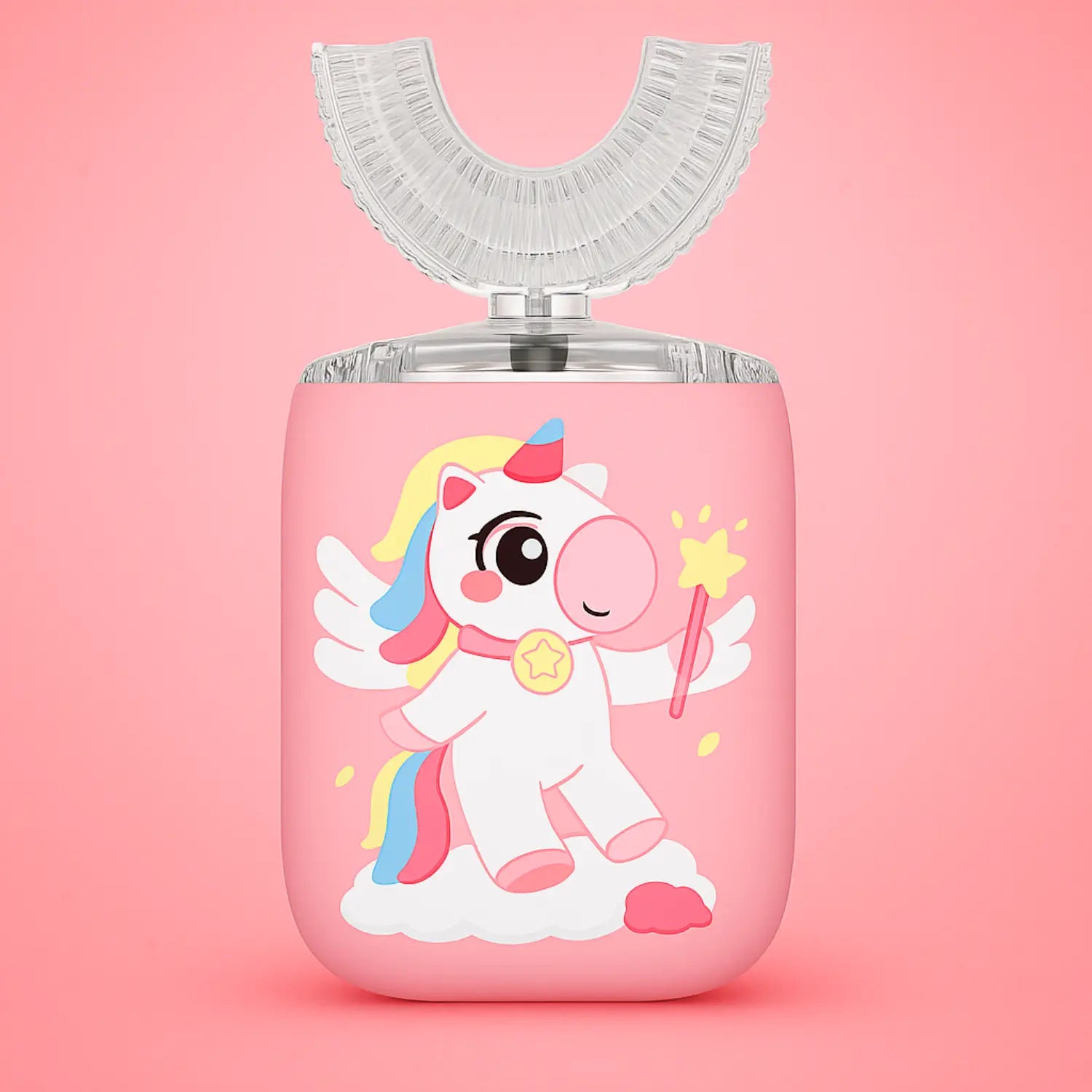 Pink dental floss container with a cartoon unicorn design on a pink background SWEVVA™ Unicorn Brush 360° U-Shaped Kids Toothbrush