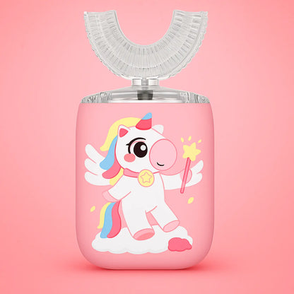 Pink dental floss container with a cartoon unicorn design on a pink background SWEVVA™ Unicorn Brush 360° U-Shaped Kids Toothbrush