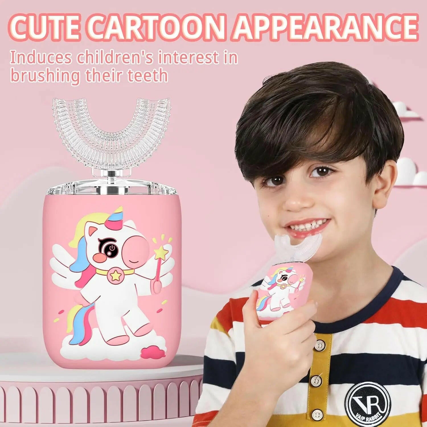 Children's toothbrush with cartoon design next to a child brushing their teeth SWEVVA™ Unicorn Brush 360° U-Shaped Kids Toothbrush