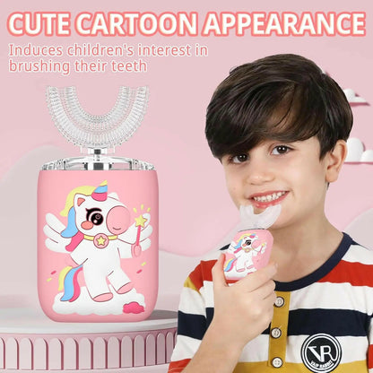 Children's toothbrush with cartoon design next to a child brushing their teeth SWEVVA™ Unicorn Brush 360° U-Shaped Kids Toothbrush