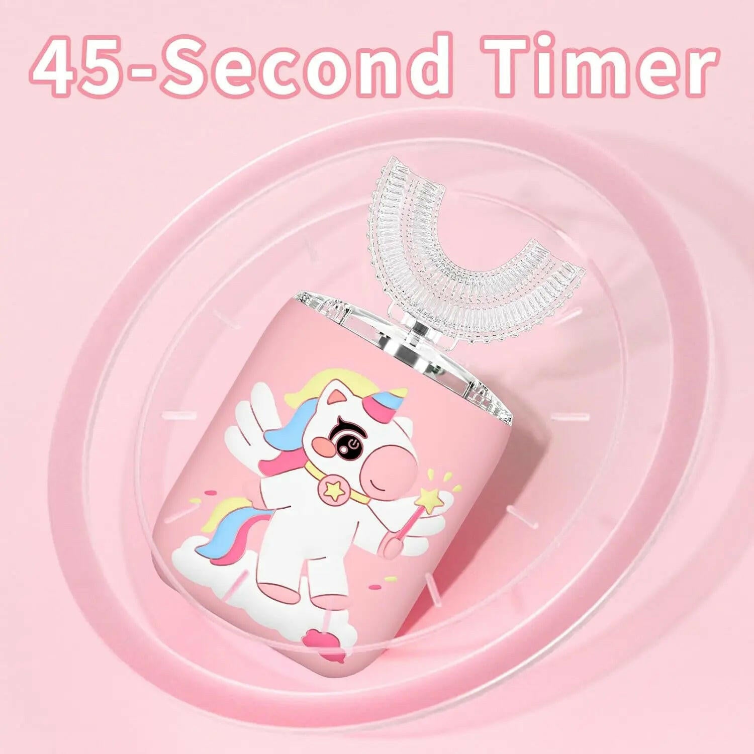 Pink 45-second timer with a cartoon unicorn design on a pink background SWEVVA™ Unicorn Brush 360° U-Shaped Kids Toothbrush