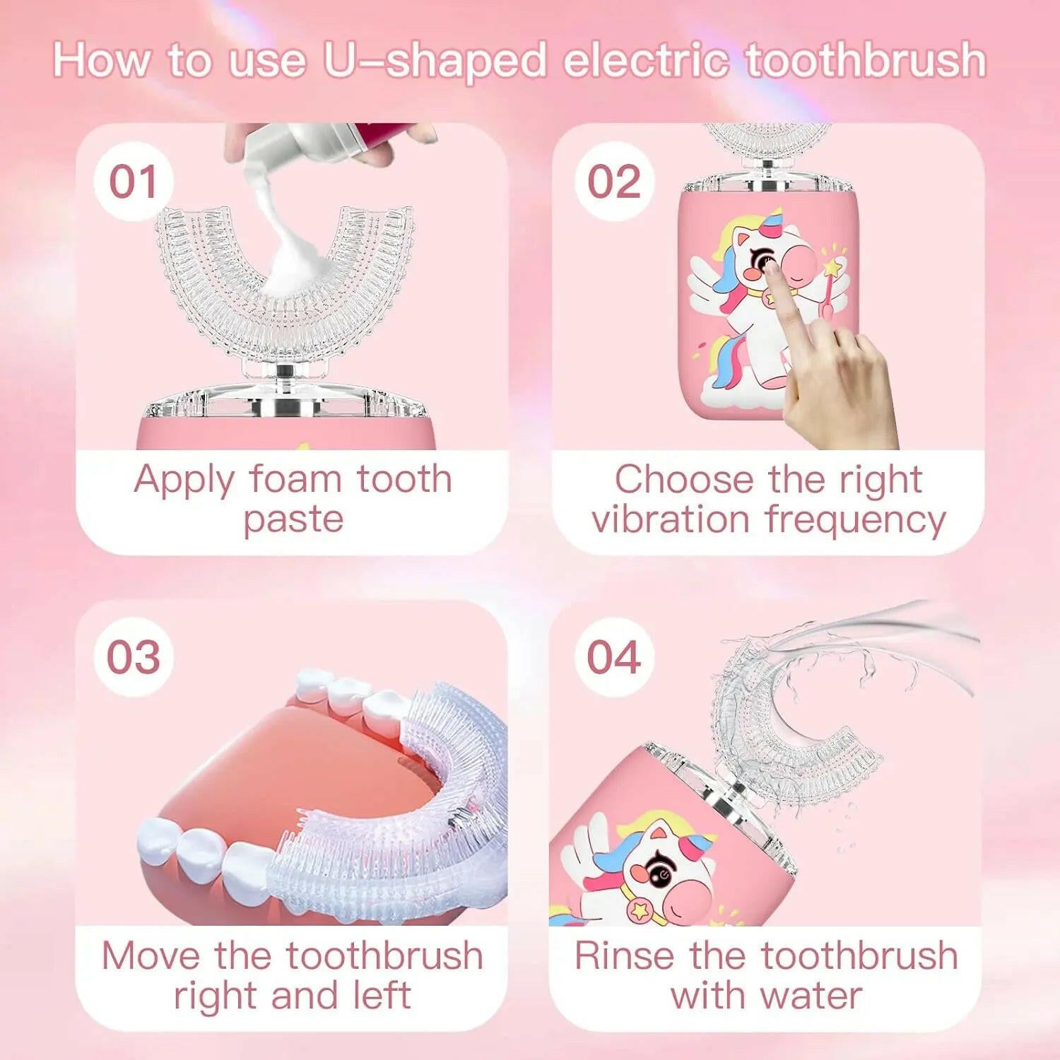 Step-by-step guide on how to use a U-shaped electric toothbrush with illustrations and text on a pink background. SWEVVA™ Unicorn Brush 360° U-Shaped Kids Toothbrush