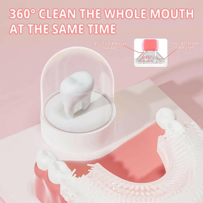 Mouth cleaning device with text '360° Clean the whole mouth at the same time' on a pink background. SWEVVA™ Unicorn Brush 360° U-Shaped Kids Toothbrush