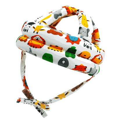 Adjustable baby safety helmet with colorful animal print for crawling and walking protection