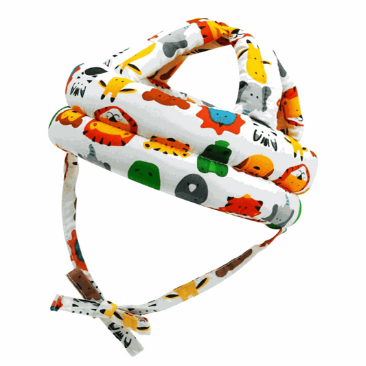 Adjustable baby safety helmet with colorful animal print for crawling and walking protection