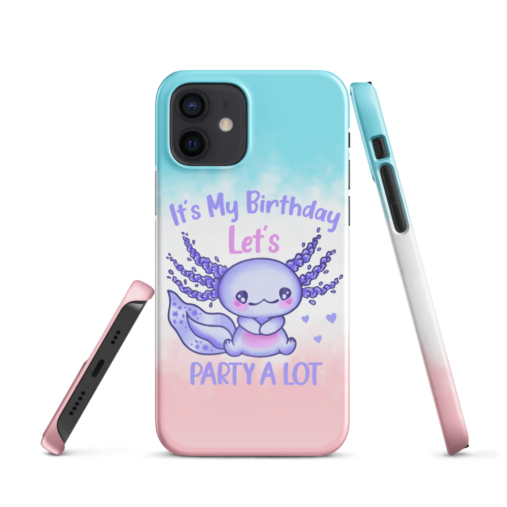 Phone case with a cute purple creature design and text on a gradient background