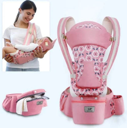 Pink baby carrier with floral design, woman holding a baby, and folded carrier on a white background
