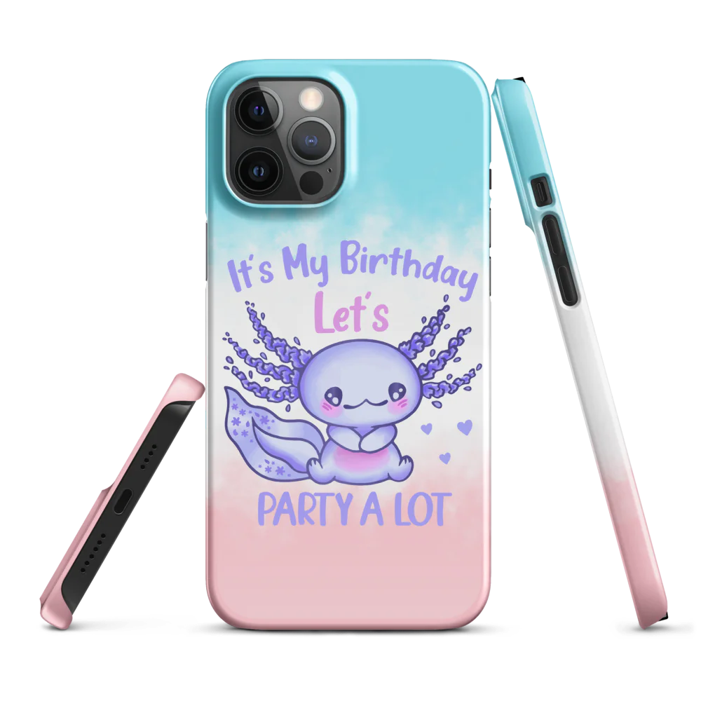 Phone case with a cute purple creature design and birthday text on a gradient background