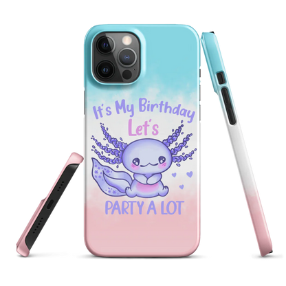 Phone case with a cute purple creature design and birthday text on a gradient background