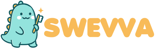 Logo of SWEVVA with a cartoon dinosaur holding a toothbrush.