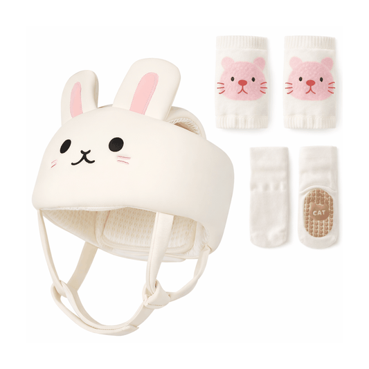 Baby Safety Helmet with bunny design, matching knee pads and anti-slip socks for crawling and walking safety