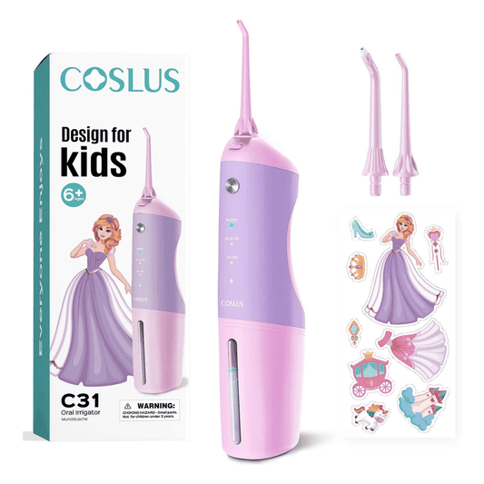 kids water flosser in pink and purple with two tips and princess stickers for gentle braces care and sensitive gums ages 6 plus