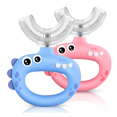 2 pack dinosaur toddler U shaped toothbrushes with soft silicone heads for kids ages 1 to 6
