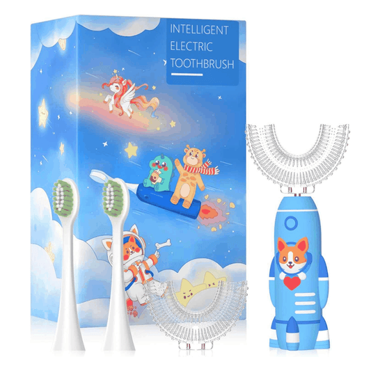 Fox rocket kids electric toothbrush with U-shaped design and two replacement heads next to colorful packaging
