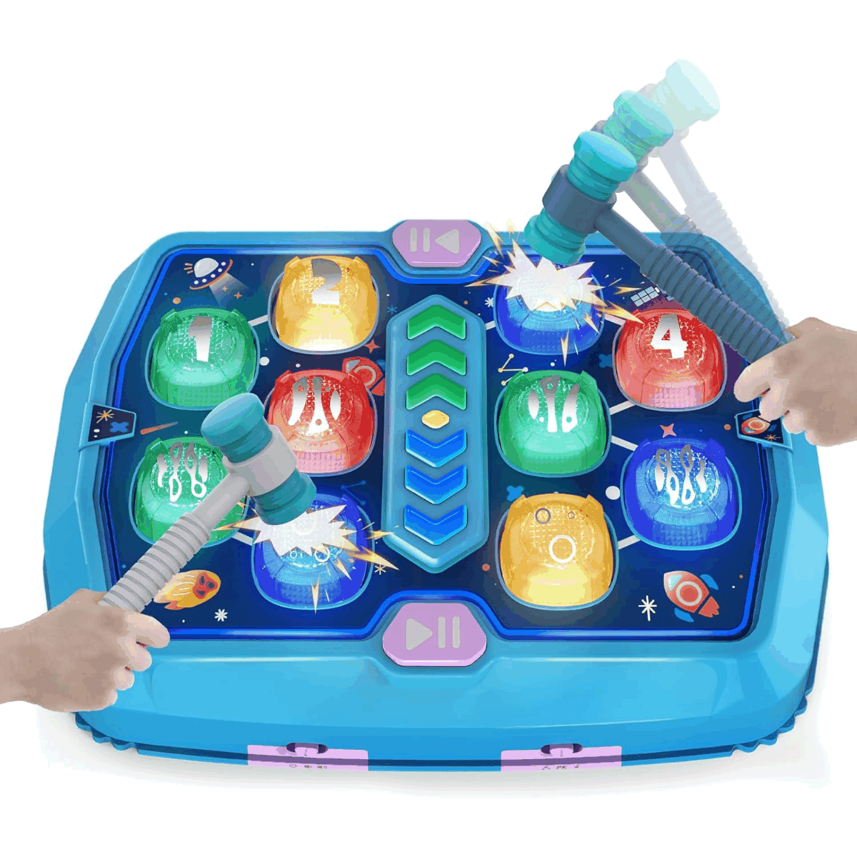 Interactive Whack a Mole Game for Kids with lights, music, and soft rubber hammers for fun learning and coordination.