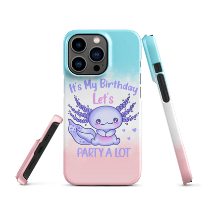 Phone case with a cartoon character and text 'It's My Birthday Let's Party A Lot' on a white background
