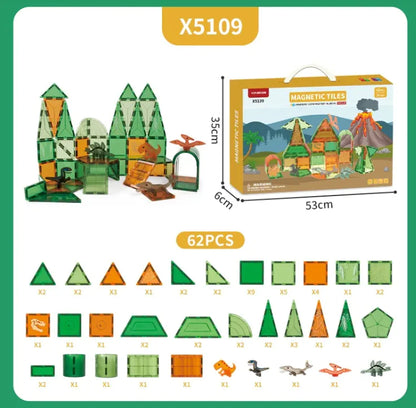 Magnetic building tiles set with packaging and measurements on a white background