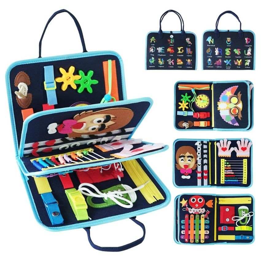 Montessori busy board for toddlers with interactive educational activities and handle for travel