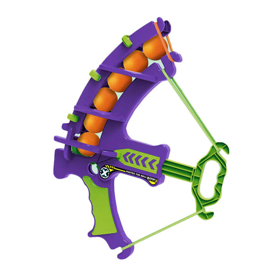 Toy bow and arrow set with multiple orange arrows on a white background