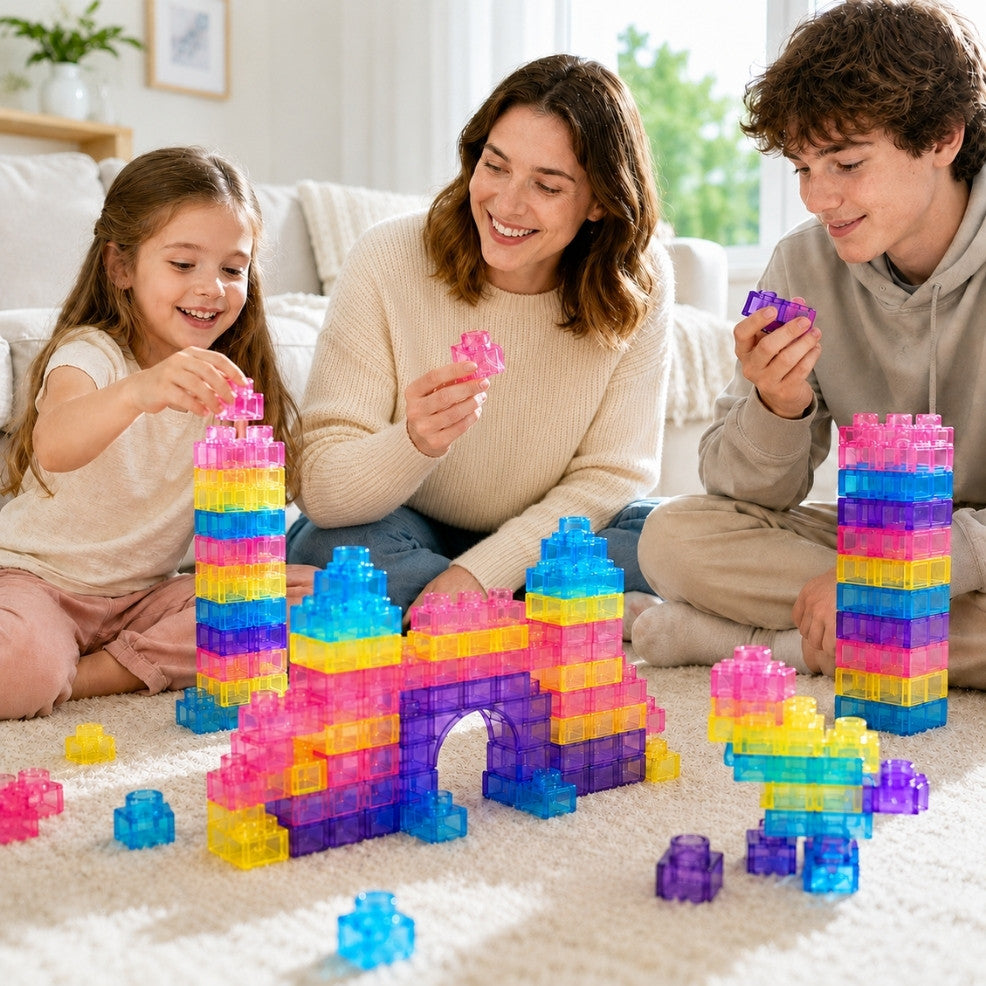 Mom teen and young girl squeezing and building with soft squishy blocks together
