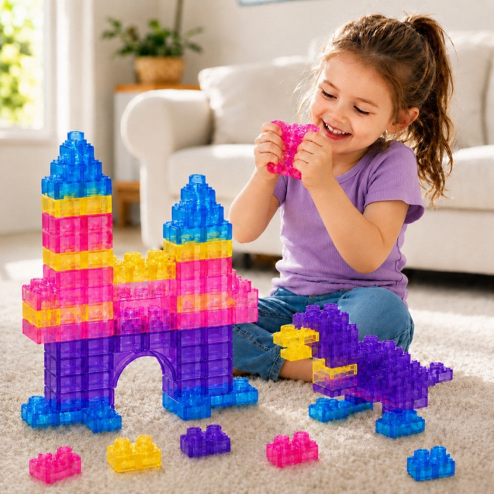 Soft squishy building blocks castle and dinosaur built by a happy girl squeezing a pink block