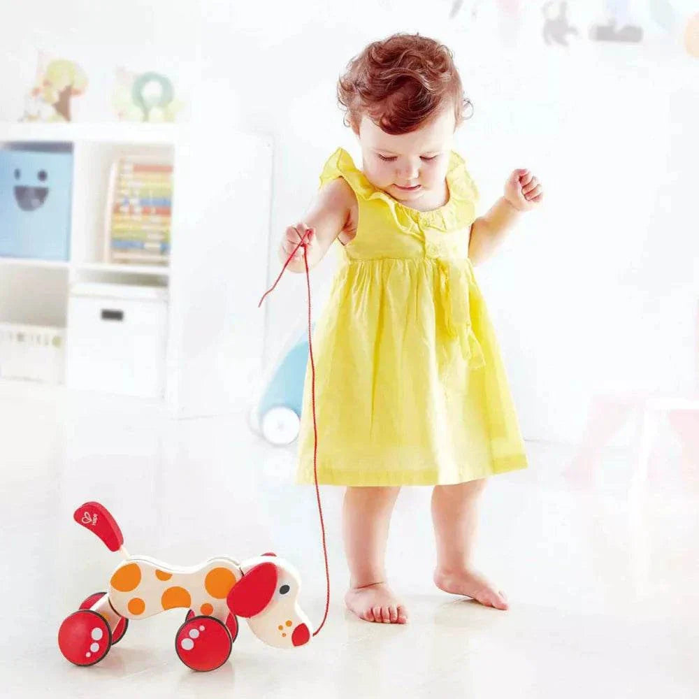 Wooden Animal Pull Toy for toddlers featuring dog and crocodile designs with pull string and rolling wheels