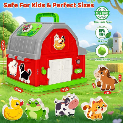 Colorful musical farm animal toy with lights, sounds, and shape sorting for toddler learning and fine motor skills
