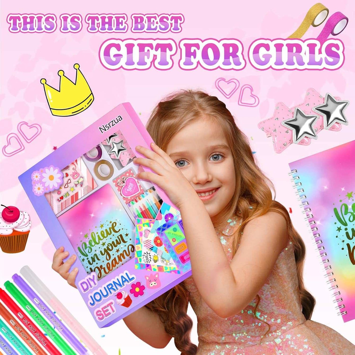 DIY Journal Kit for Girls with colorful pens, stickers, and decorative journaling supplies in a gift box
