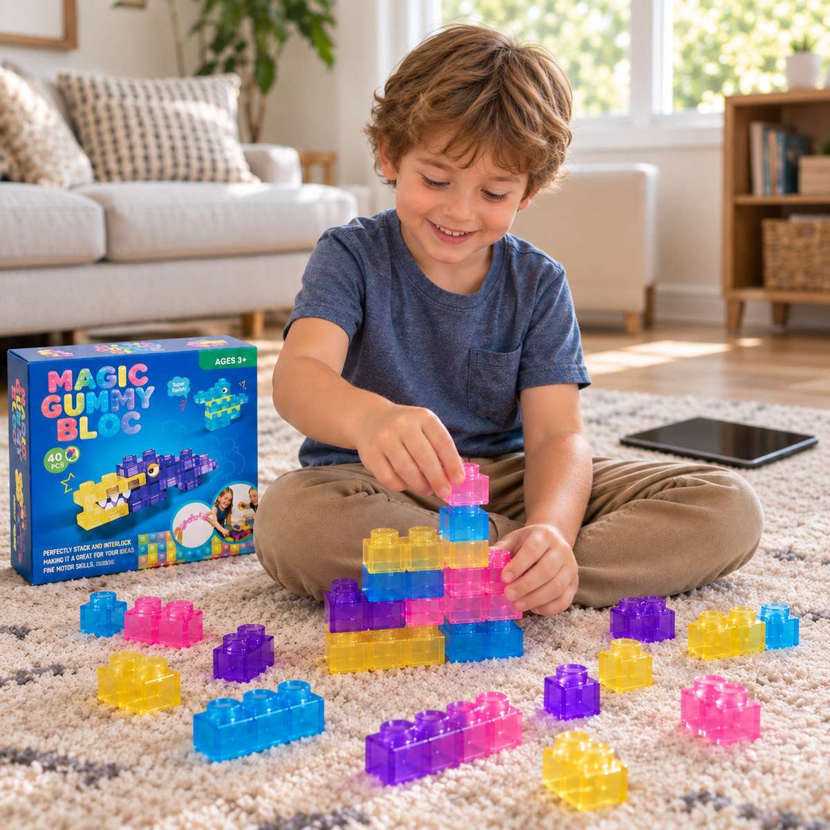 A young boy sits cross-legged on a carpeted floor in a bright living room, building with translucent colorful toy blocks. The blue 'Magic Gummy Bloc' product box is visible to his left, and several loose blocks in pink, yellow, blue, and purple are scattered around him.