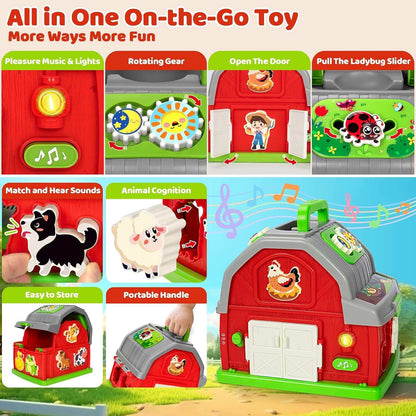 Musical farm animal toy with lights, sounds, animal figures, and shape sorting for toddler learning and fine motor play
