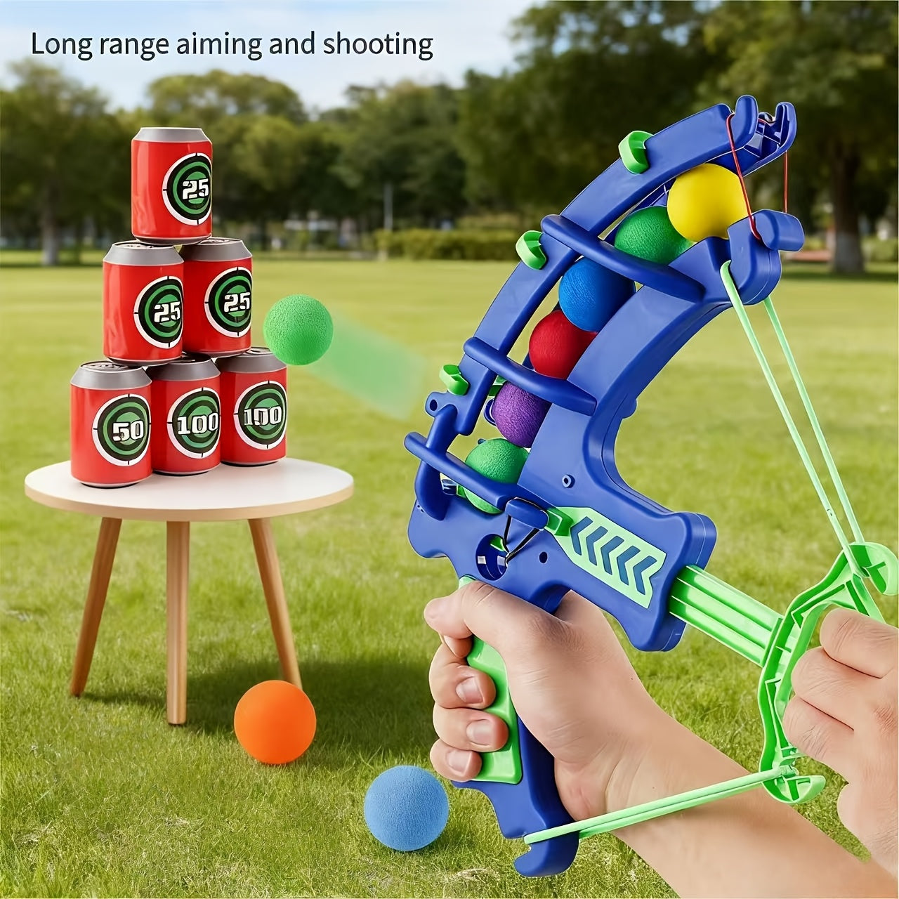Toy bow and arrow set with colorful arrows aimed at cans on a grassy field