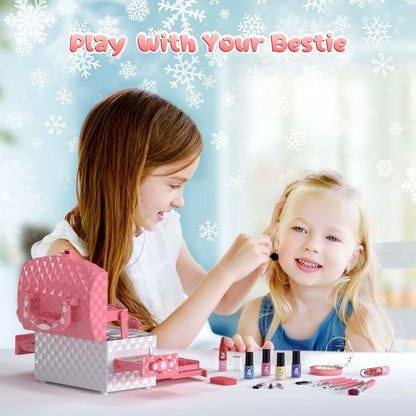 Kids Makeup Kit for Girls with 56 washable, non-toxic cosmetic pieces in a sturdy carry case for ages 3 to 10