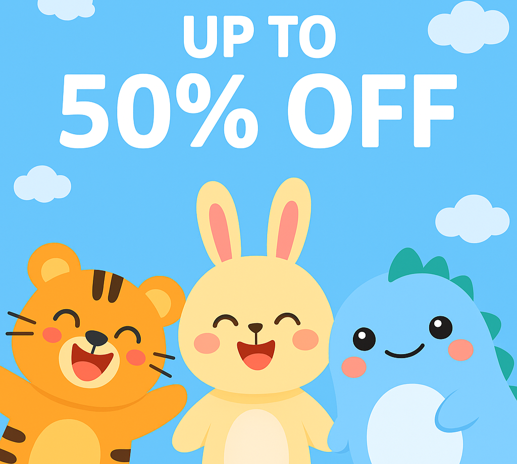 Cartoon tiger, rabbit, and dinosaur characters with 'Up to 50% Off' text on a blue background.