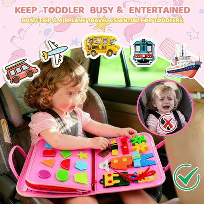 Montessori Busy Board with colorful felt activities for toddler learning and screen-free play