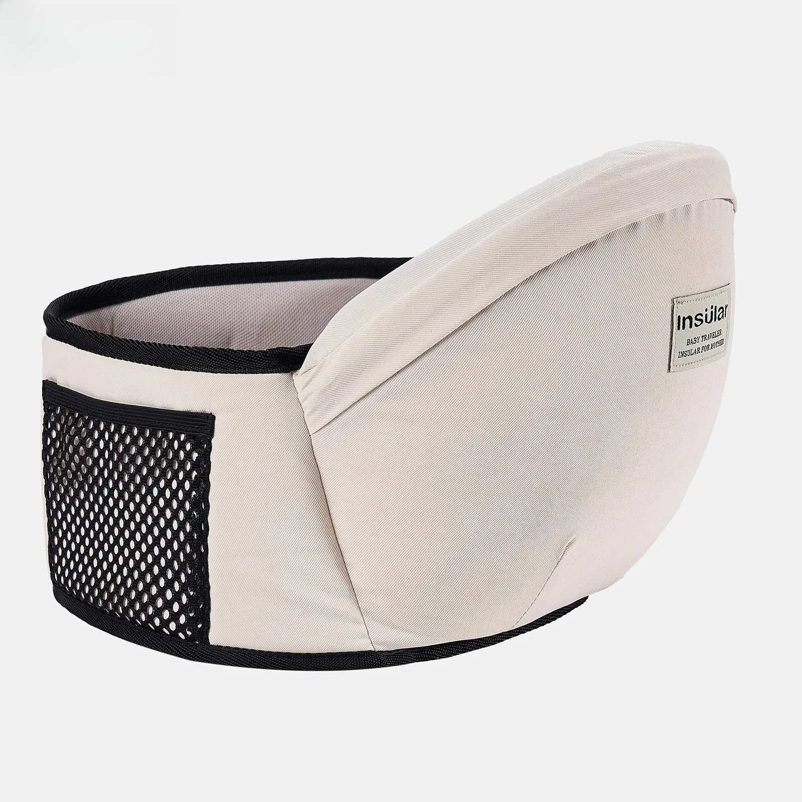 Beige Baby Hold Stool Carrier with mesh pocket and ergonomic design for front baby seat and support