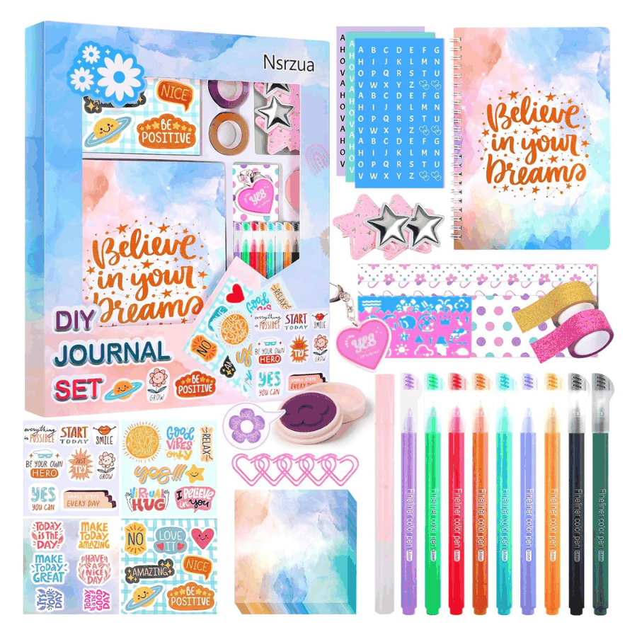 DIY Journal Kit for Girls with colorful pens, stickers, and decorative journaling supplies in a gift set