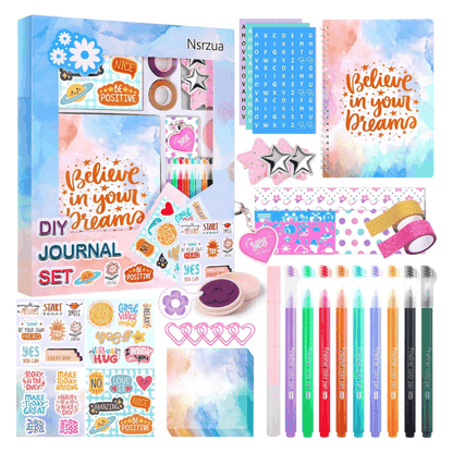 DIY Journal Kit for Girls with colorful pens, stickers, and decorative journaling supplies in a gift set