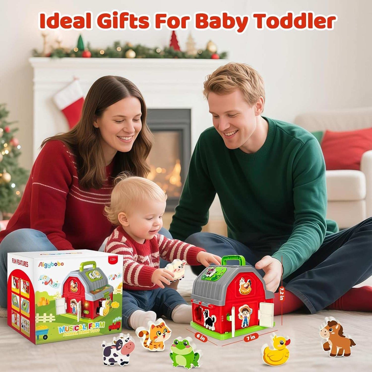Colorful musical farm animal toy with lights, sounds, and shape sorting for toddler learning and fine motor skills.