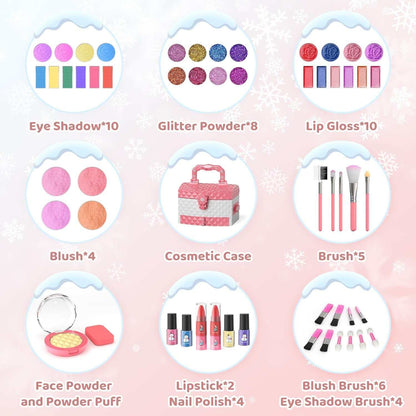 Kids Makeup Kit for Girls 56 pcs washable non-toxic cosmetic set in reusable carry case for ages 3 to 10