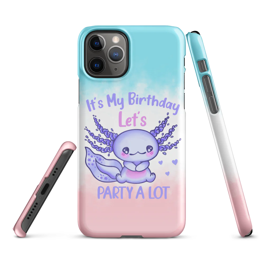 Phone case with a cute purple creature design and text 'It's My Birthday Let's Party A Lot' on a gradient background.
