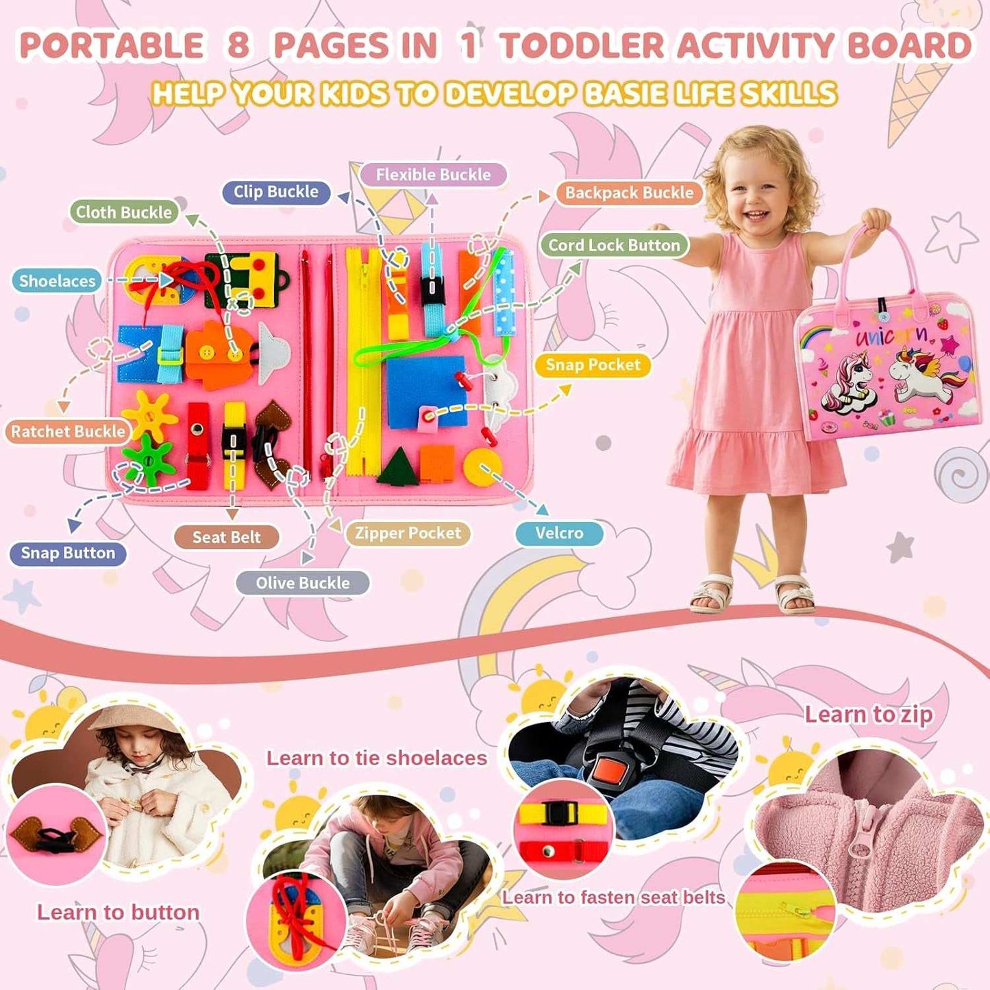 Montessori Busy Board with colorful felt activities for toddlers' creative learning and fine motor skills development