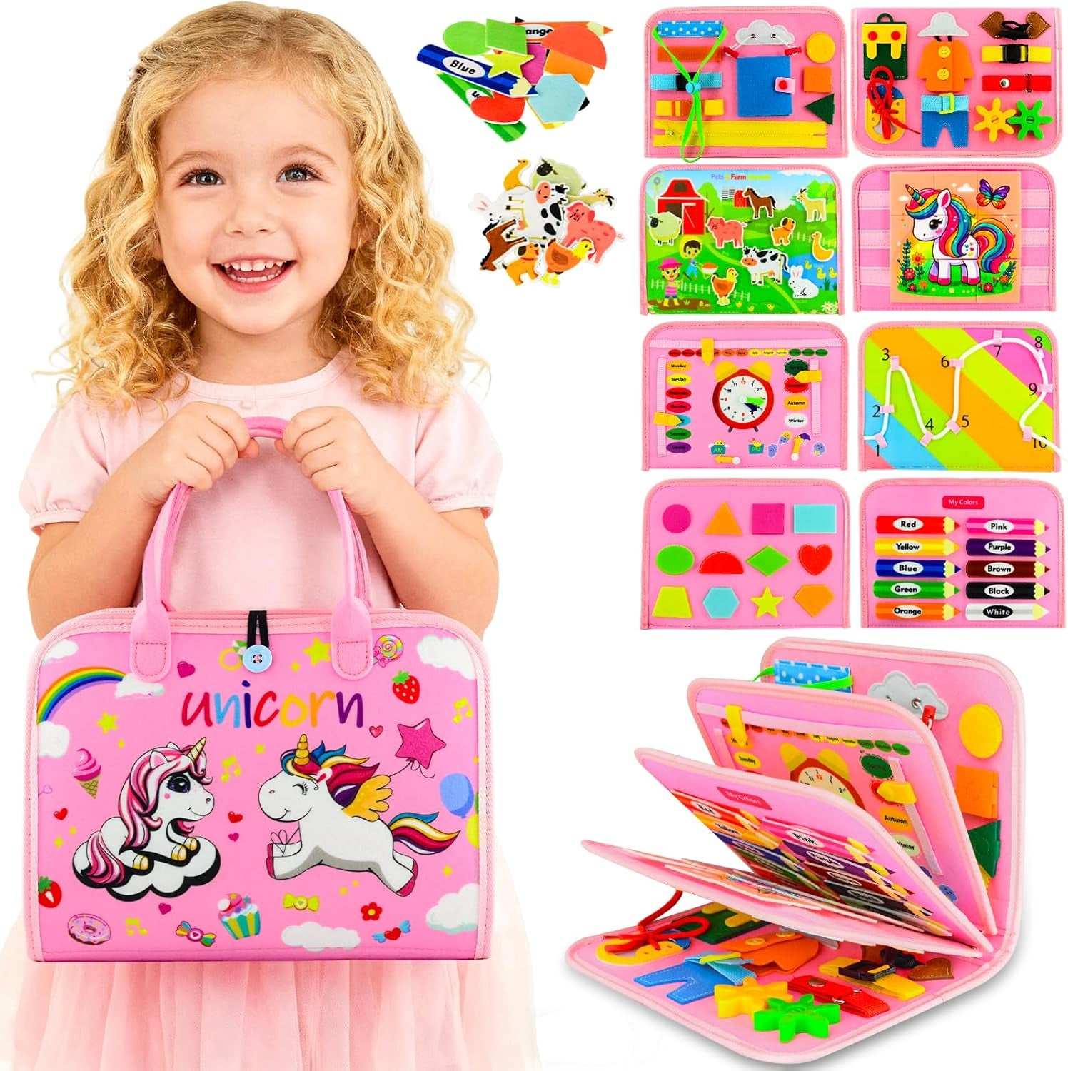 Montessori Busy Board with felt activities for toddlers including zippers, buttons, shapes, numbers, and clock practice