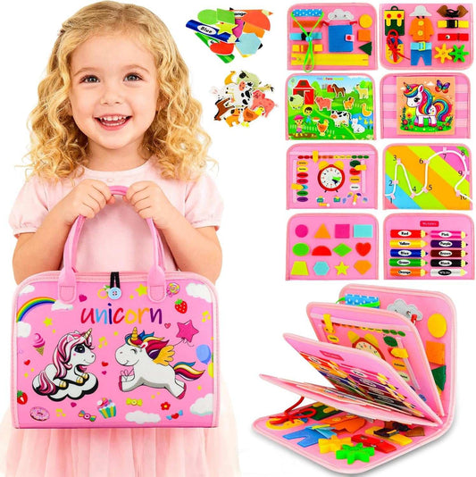 Montessori Busy Board with felt activities for toddlers including zippers, buttons, shapes, numbers, and clock practice