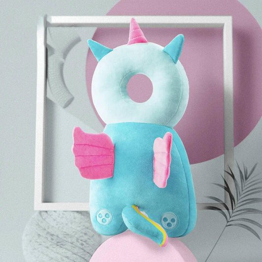 Plush toy with pink and blue design on a light gray background