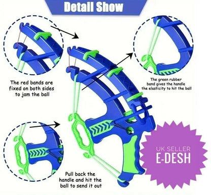Diagram of a blue and green slingshot with labeled parts and E-Desh branding.